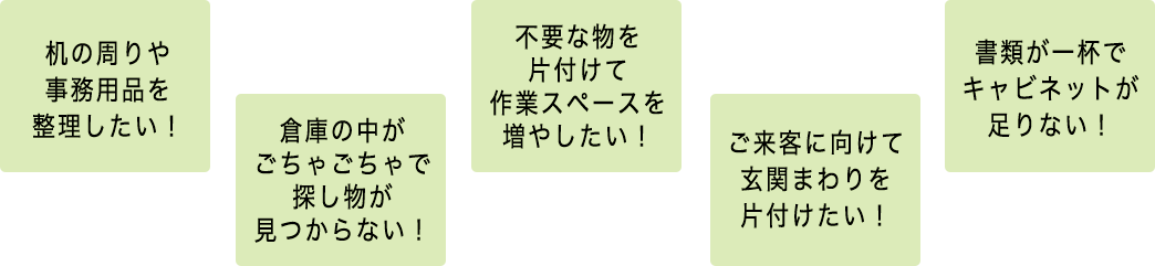 机の周りや事務用品を整理したい！倉庫の中がごちゃごちゃで探し物が見つからな！ご来客に向けて玄関まわりを片付けたい！